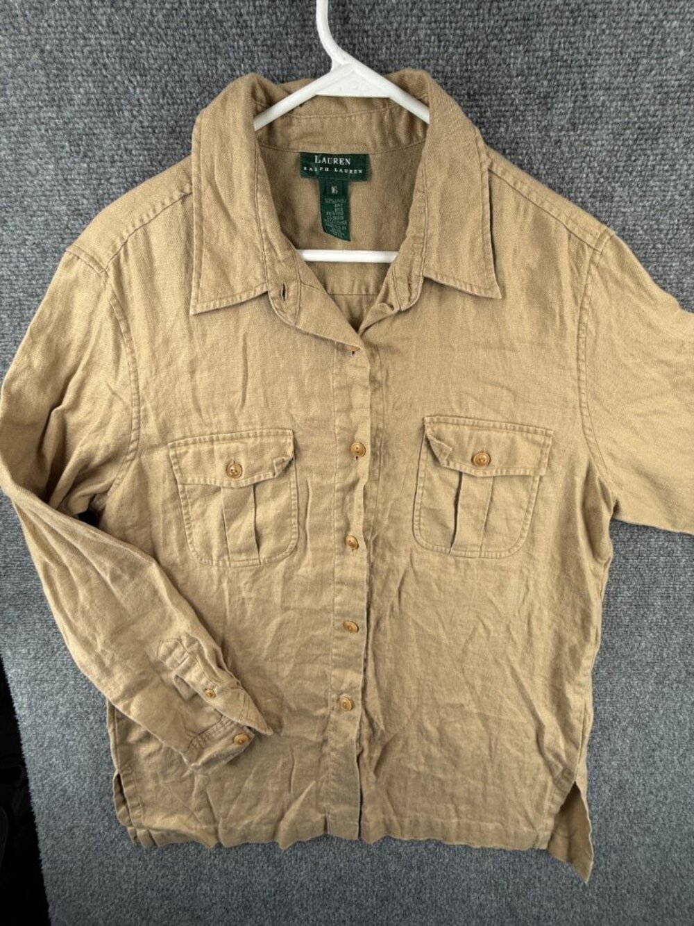 Lauren Ralph Lauren All Linen Size 16 Women Button Up Shirt Tan Long Sleeve